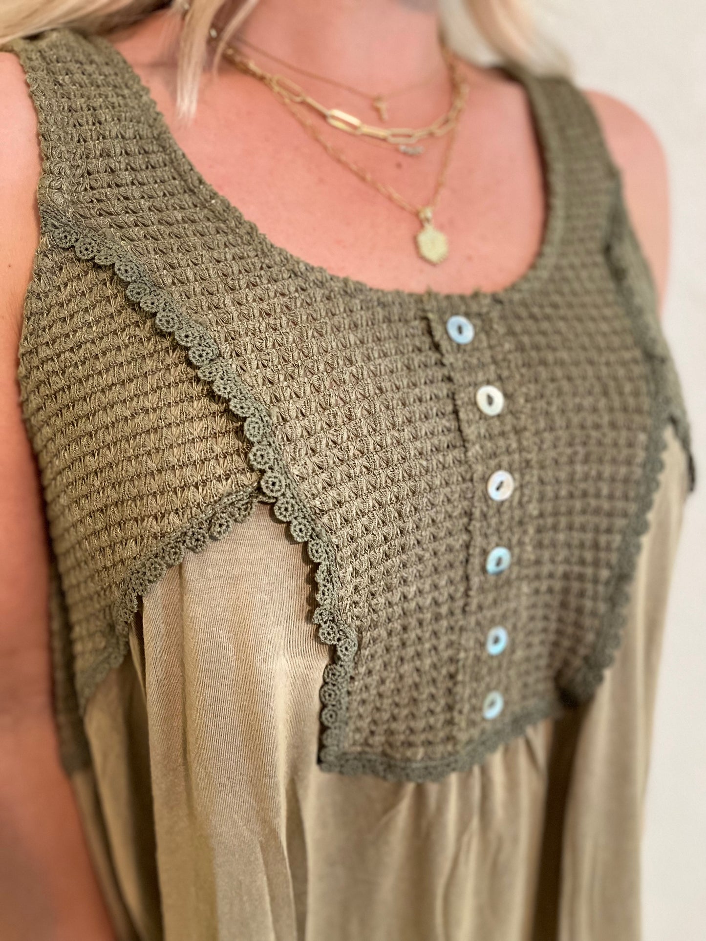 olive babydoll thermal knit top
