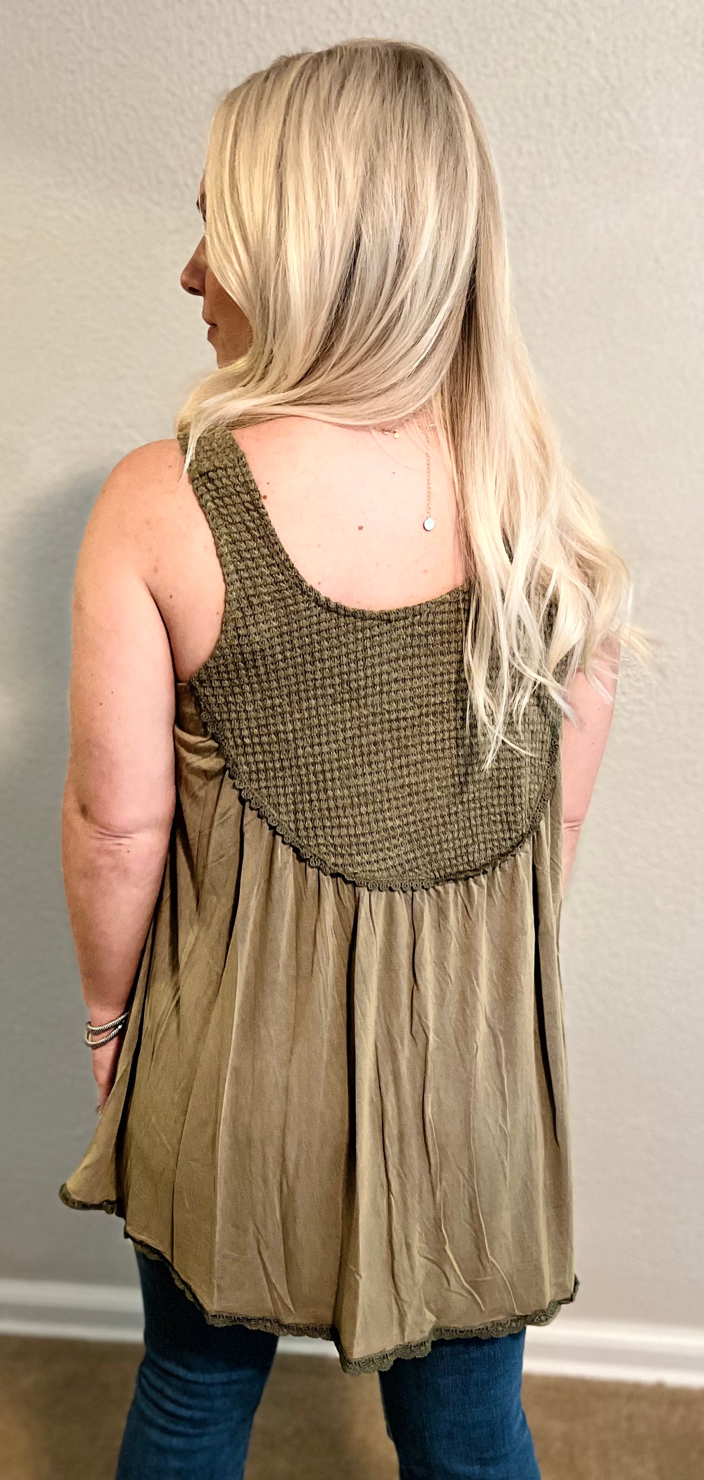 olive babydoll thermal knit top