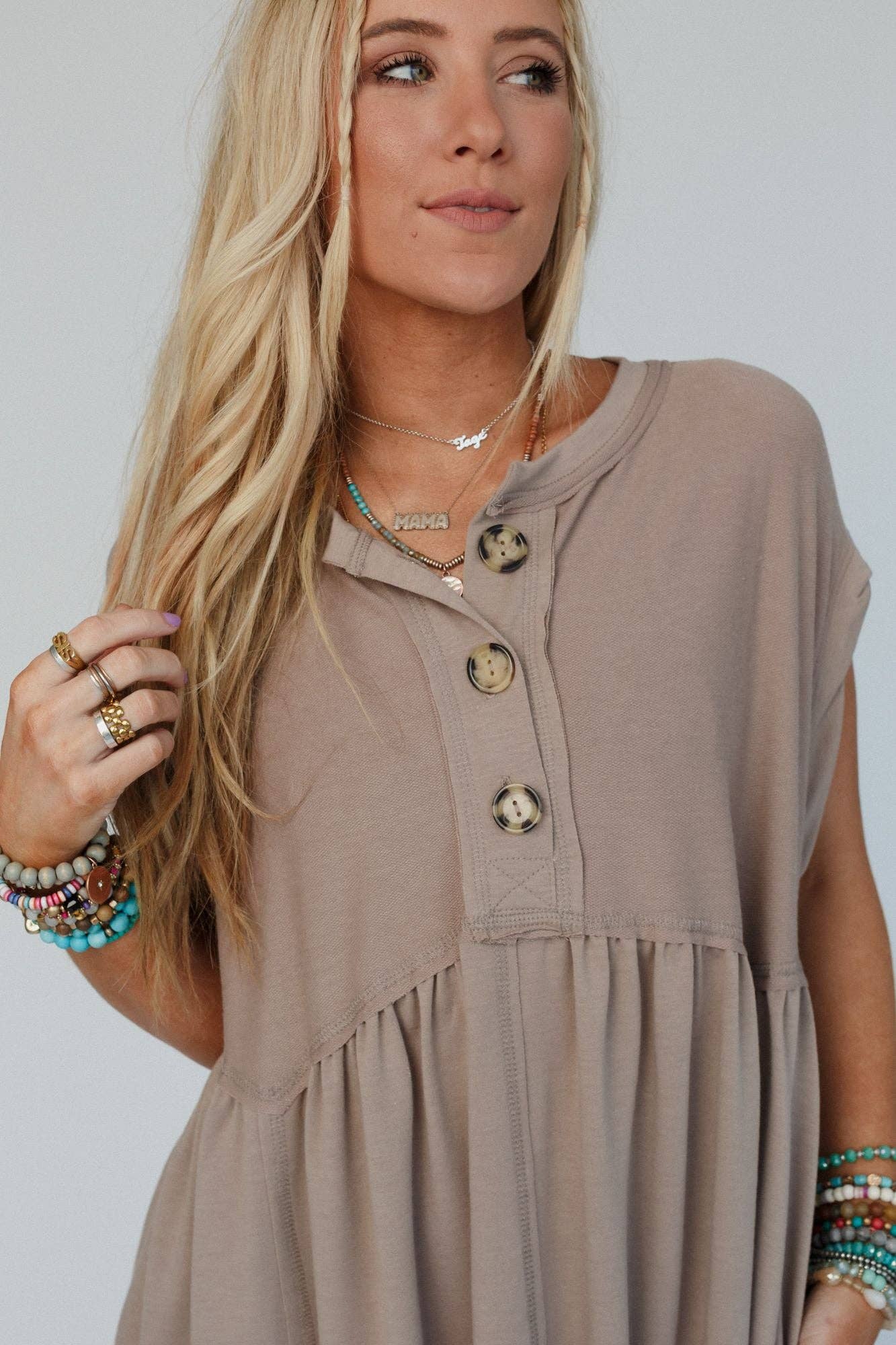 khaki button babydoll dress