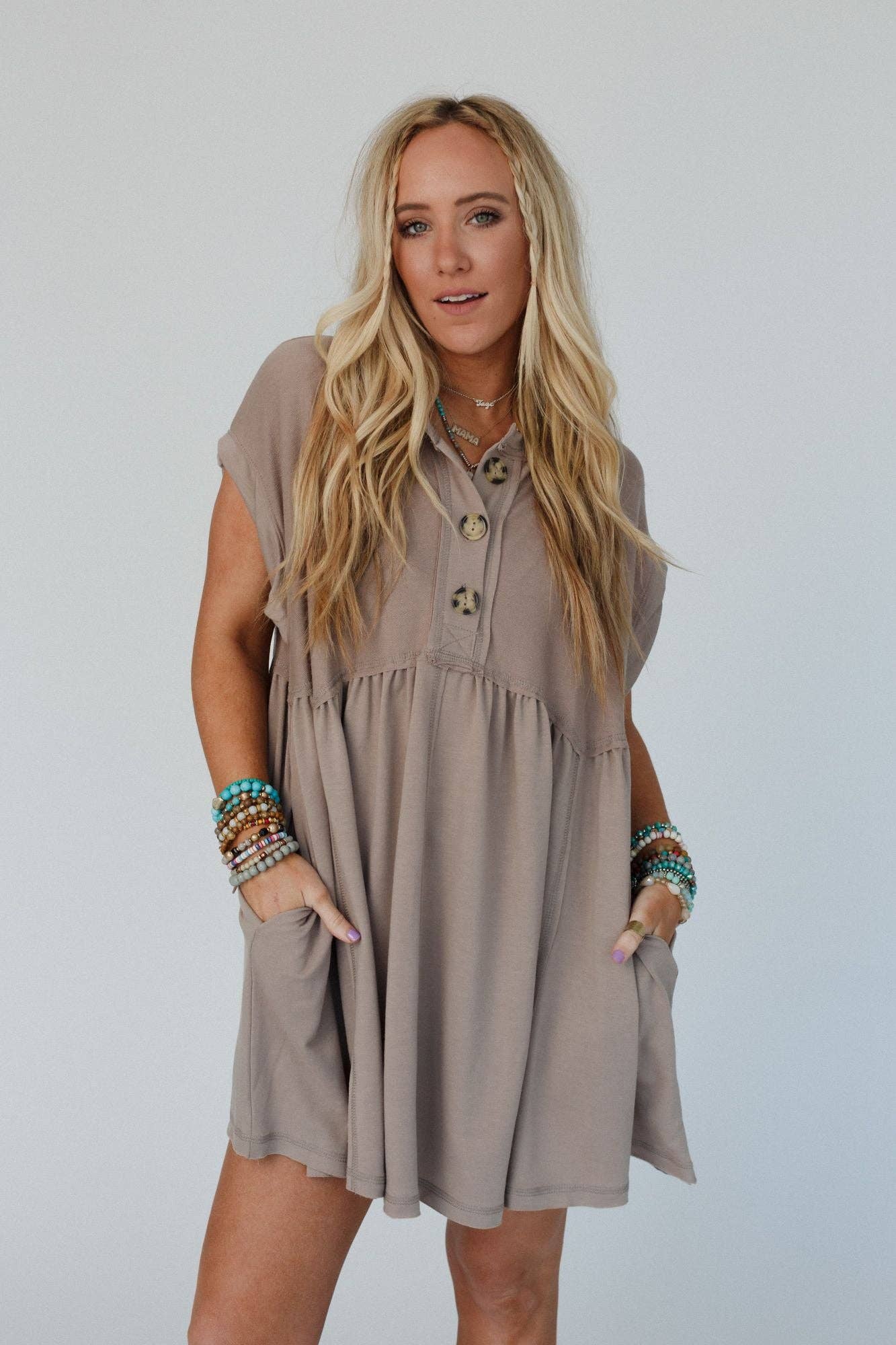khaki button babydoll dress