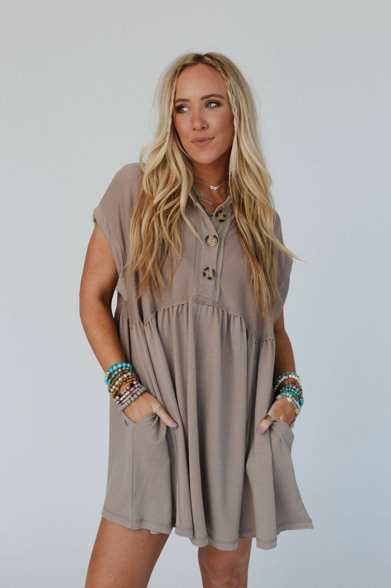 khaki button babydoll dress