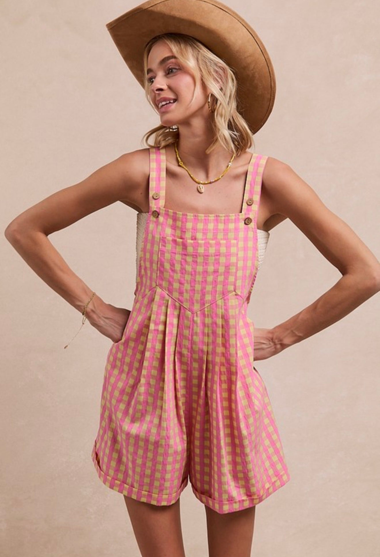 pink + tan gingham overalls
