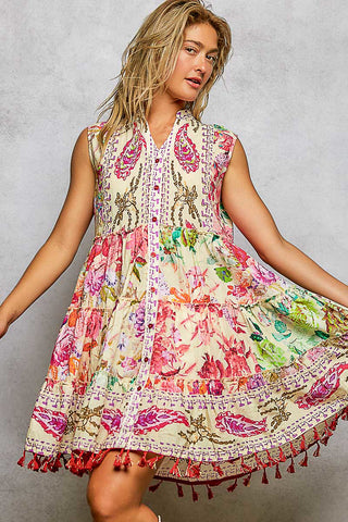 floral fiesta tassel + hand-beaded sundress