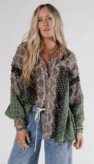 chocolate + emerald plaid button-up