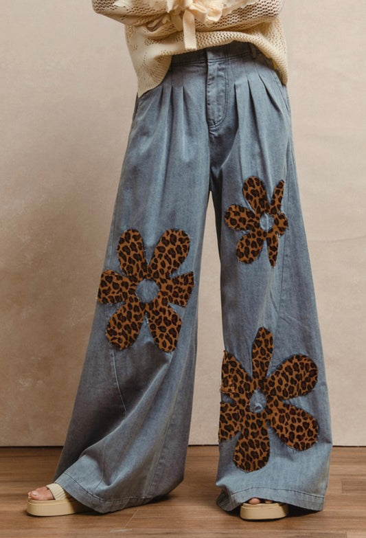 cheetah patchwork flower pants