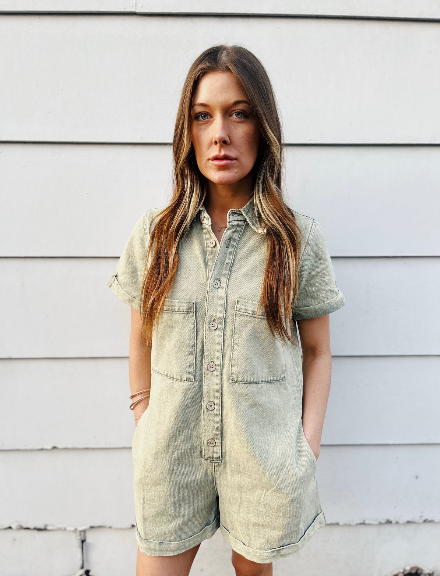 sage washed denim romper