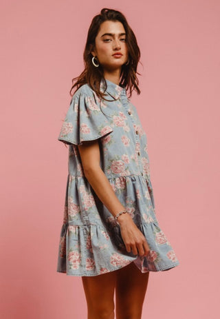 pink flowers denim dress