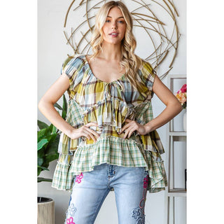 olive plaid babydoll top