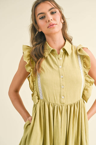 dusty lime flutter sleeve dress