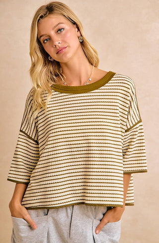 olive stripped waffle knit top
