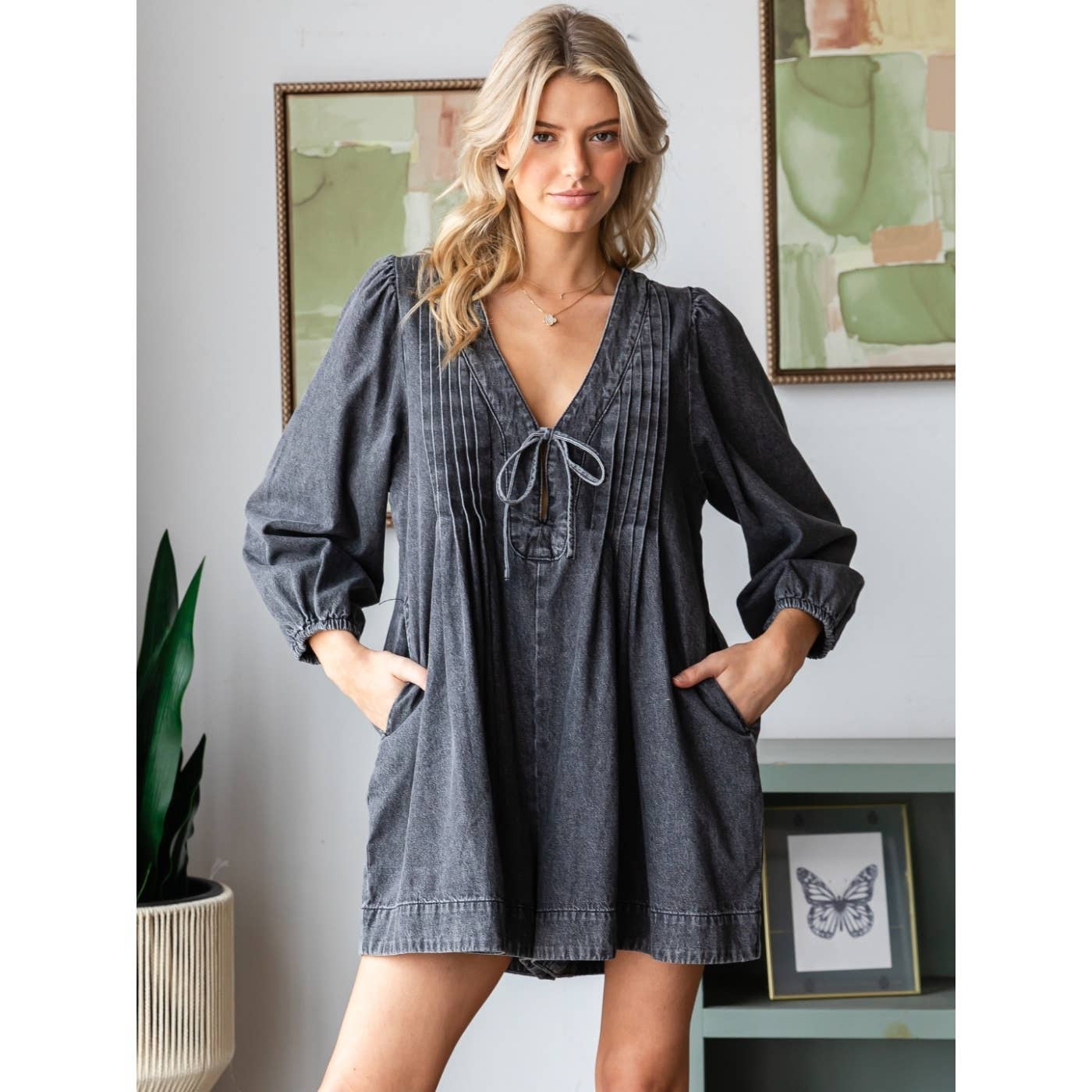 olive washed denim romper