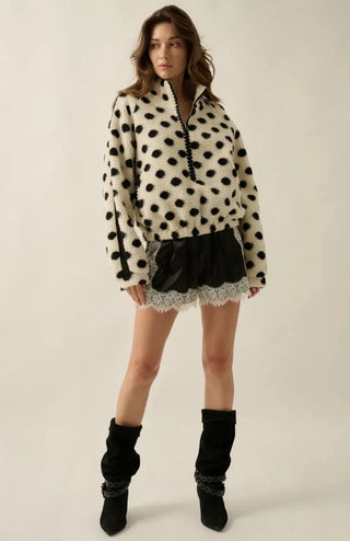 b&w polka dot + crochet trim half-zip