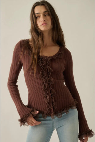 mocha knit + lace ruffle trim top