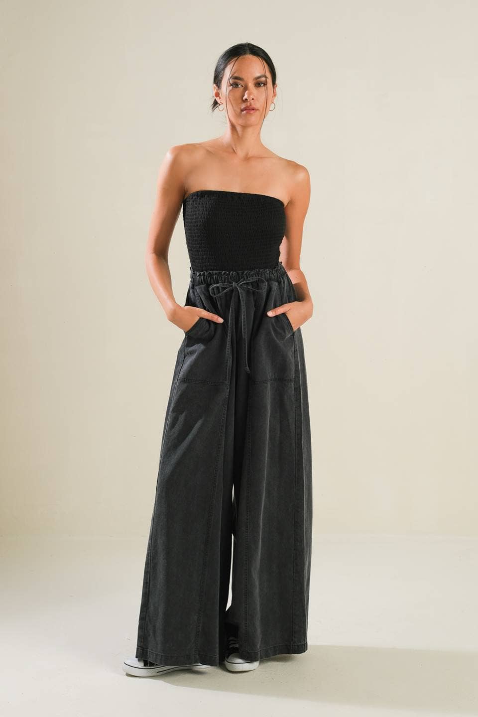 black tube top jumpsuit