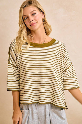 olive stripped waffle knit top