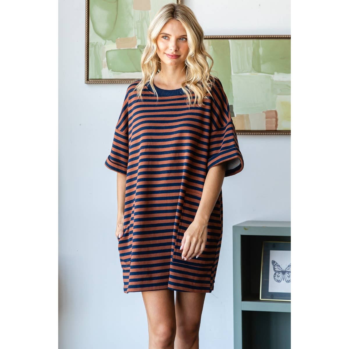 rust + navy t-shirt dress