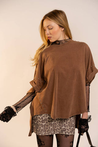 toffee oversized studded sleeve tee