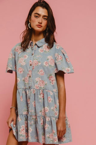 pink flowers denim dress