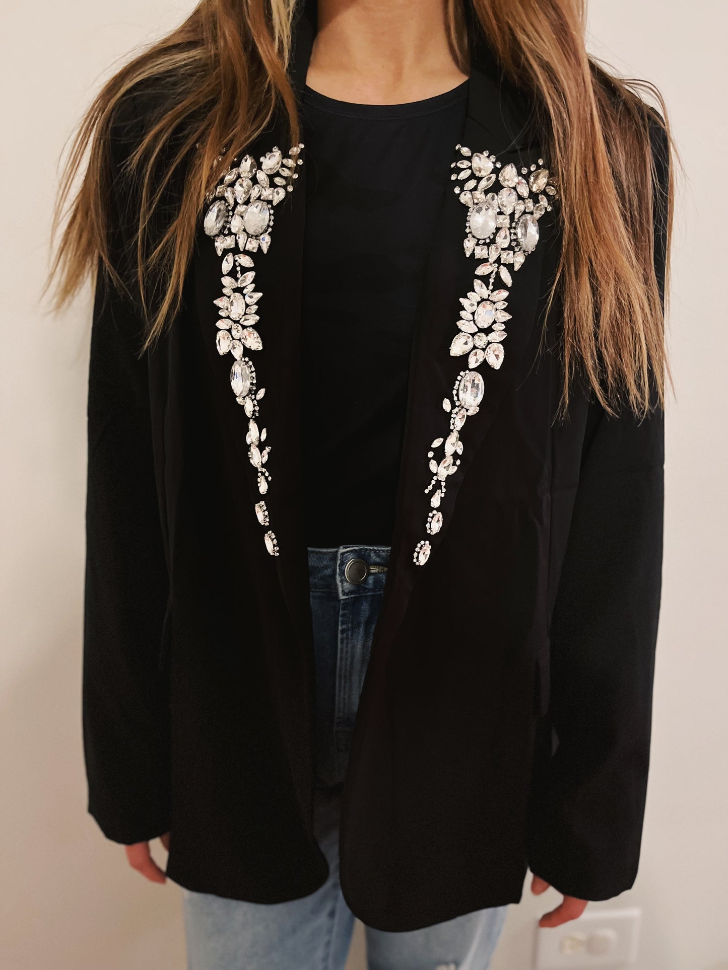 black bejeweled boyfriend blazer