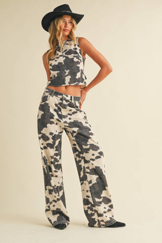 denim cow print set