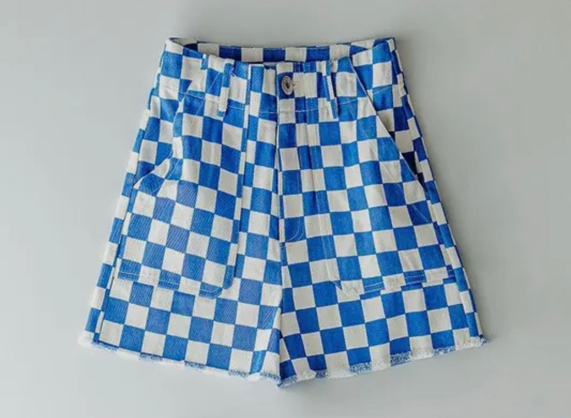 blue & white checkered shorts