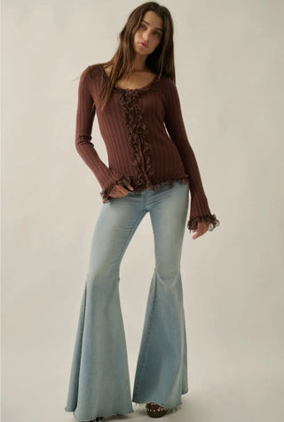 mocha knit + lace ruffle trim top