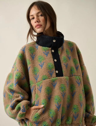 floral sandy sherpa fleece + denim half-zip pullover