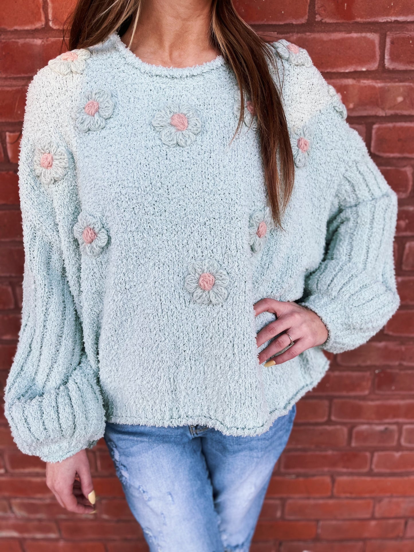 mint floral patch sweater