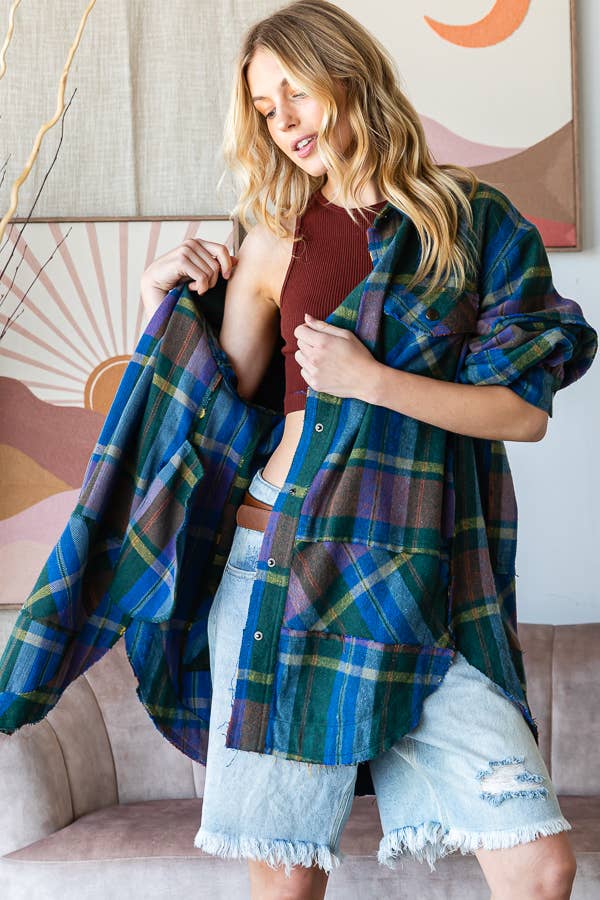 blue button-front plaid shirt