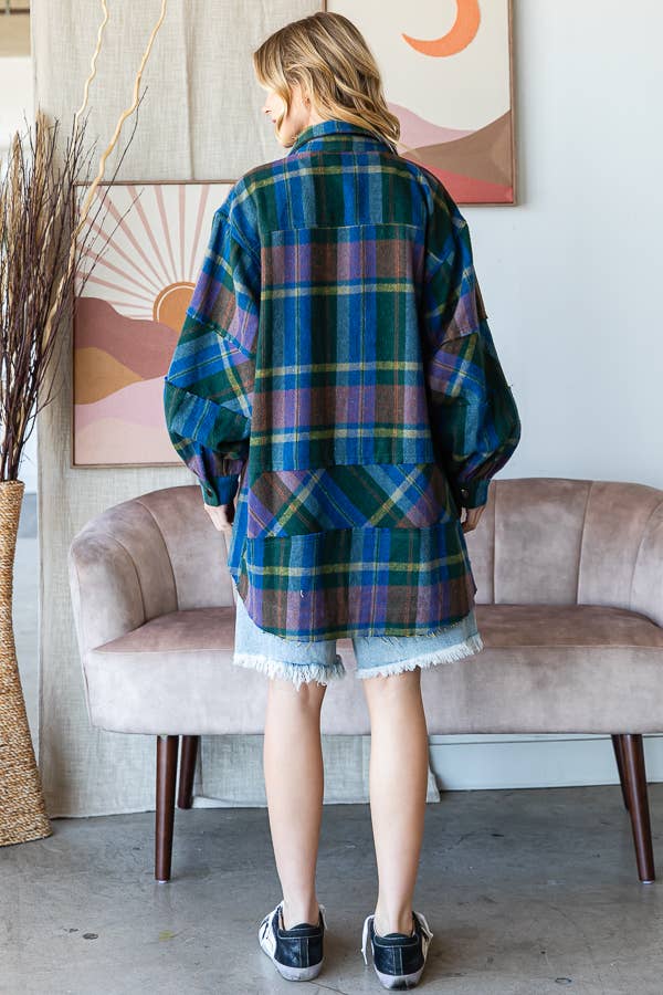 blue button-front plaid shirt