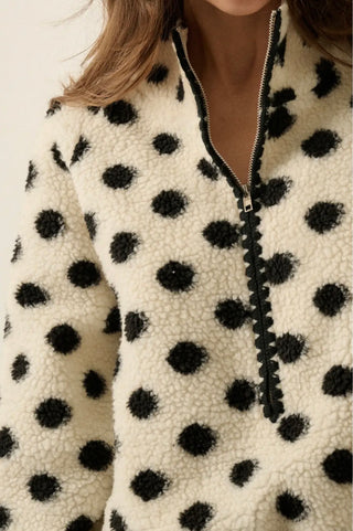 b&w polka dot + crochet trim half-zip