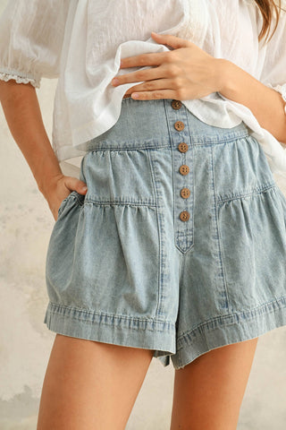tiered button down denim shorts