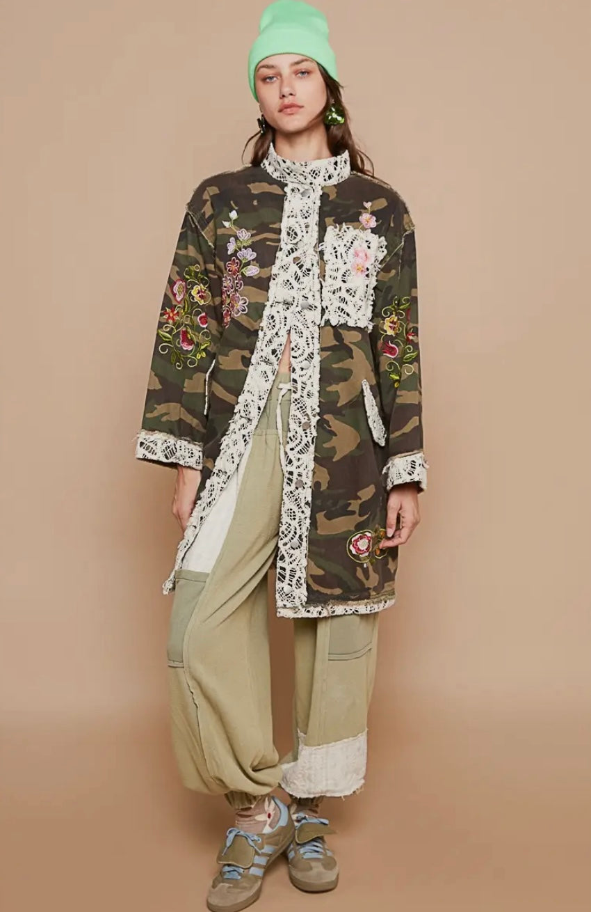 camo floral-embroidered coat