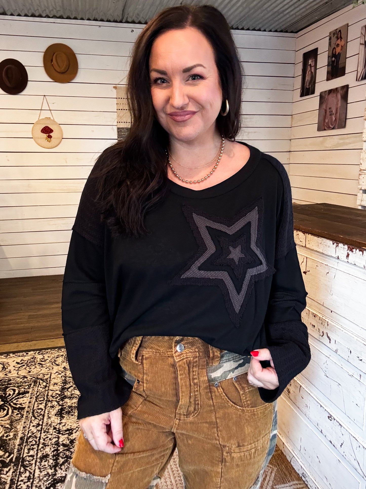 black multi knit star top