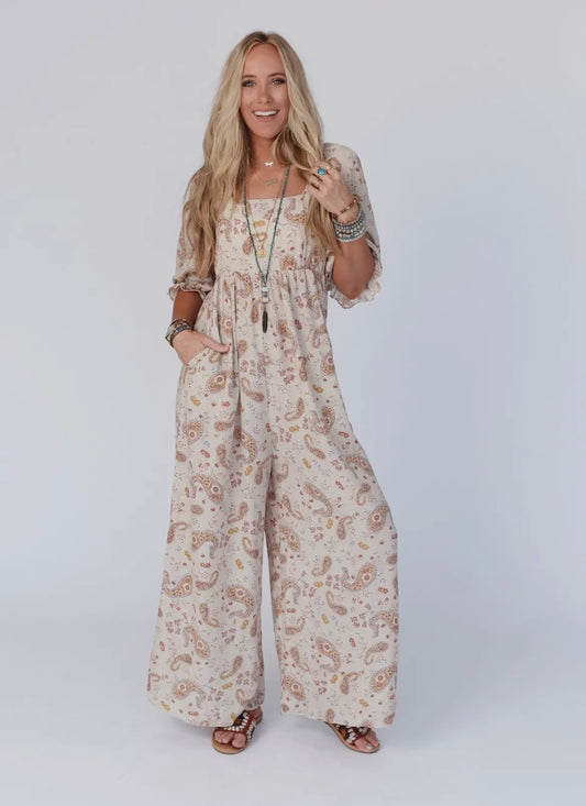 neutral paisley jumpsuit