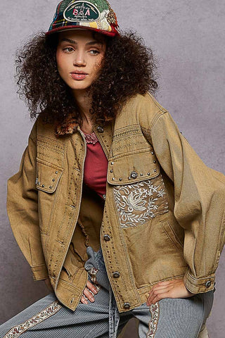 golden embellished denim coat