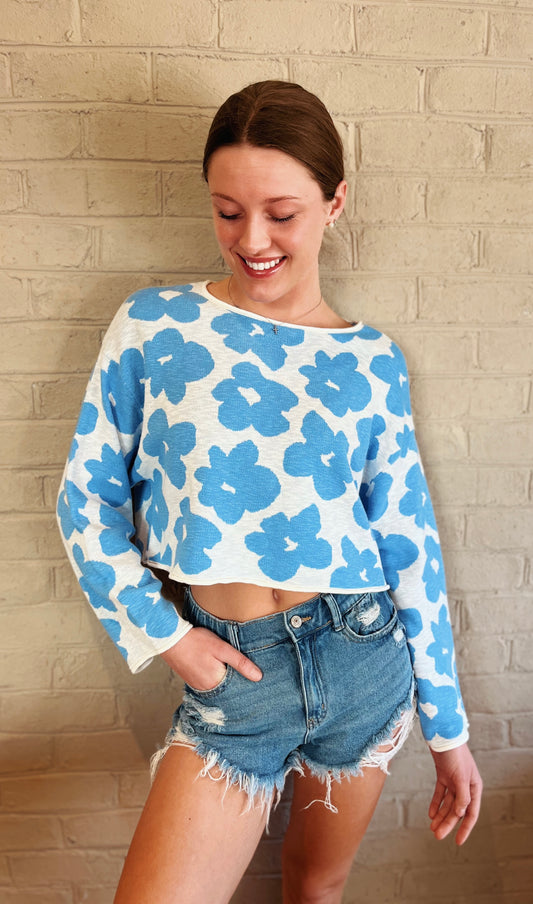 light blue + white floral knit sweater