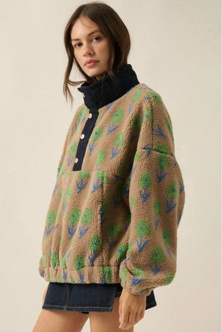 floral sandy sherpa fleece + denim half-zip pullover