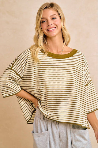 olive stripped waffle knit top