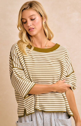 olive stripped waffle knit top