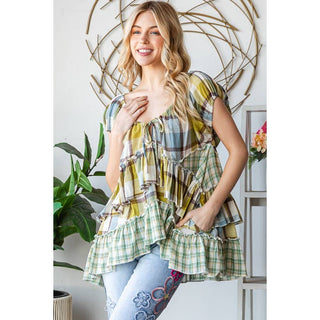 olive plaid babydoll top