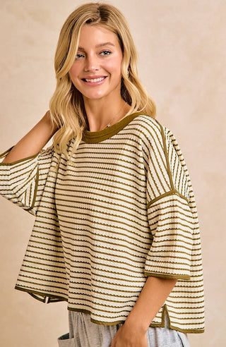 olive stripped waffle knit top