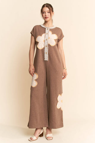 floral patchwork french terry jumpsuit