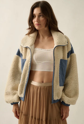 cream sherpa + denim zip-up jacket
