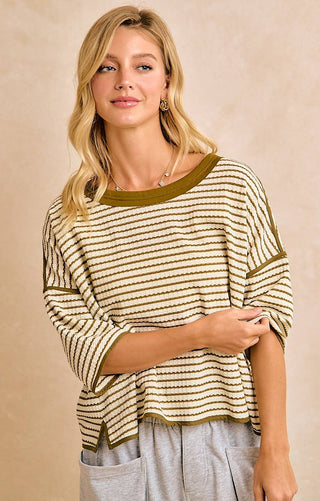 olive stripped waffle knit top