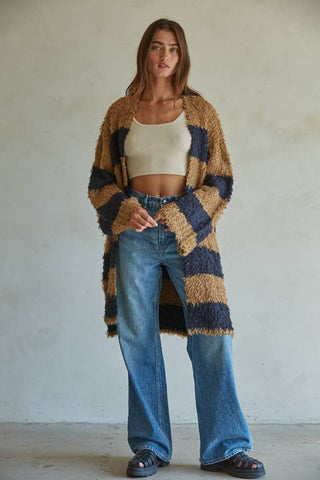 camel + navy striped cardi