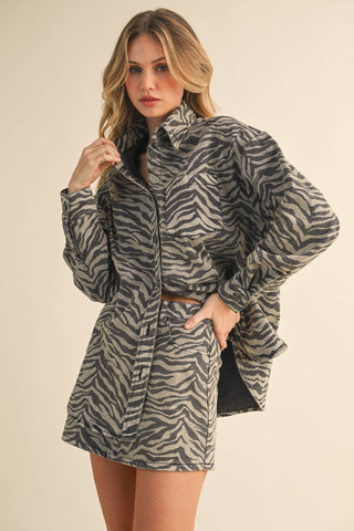 denim zebra oversized shirt + mini skirt