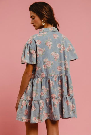 pink flowers denim dress