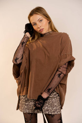 toffee oversized studded sleeve tee