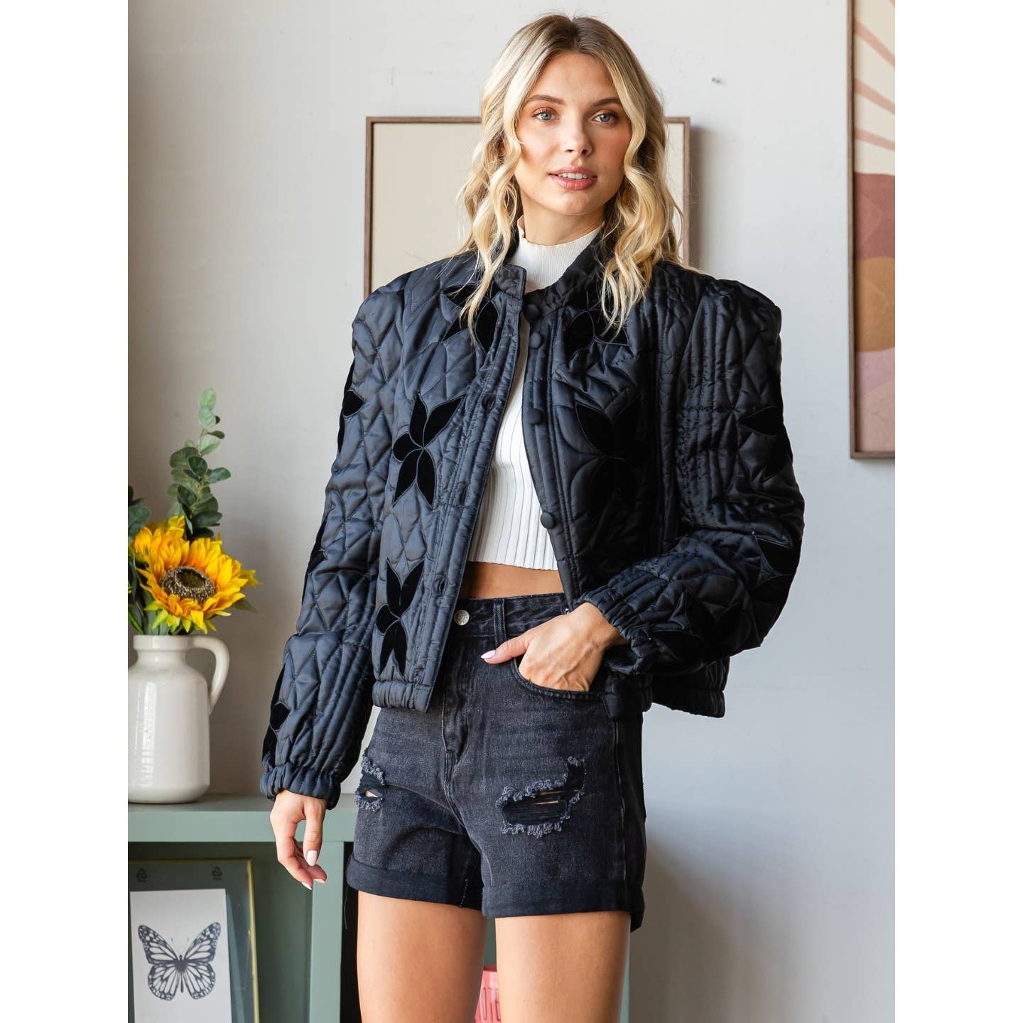 black flower quilted jacket